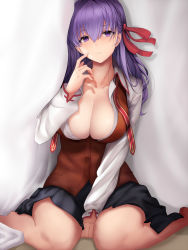 Rule 34 | 1girl, absurdres, between legs, blush, breasts, cleavage, collared shirt, dress, fate/stay night, fate (series), hair ribbon, hand between legs, hand up, highres, large breasts, long hair, long sleeves, looking at viewer, matou sakura, neck ribbon, open mouth, partially unbuttoned, photoshop (medium), piukute062, purple eyes, purple hair, red ribbon, red vest, ribbon, school uniform, shirt, signature, sitting, solo, undone neck ribbon, vest, wariza, white shirt