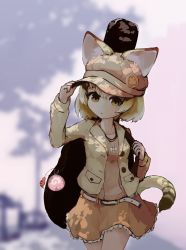 Rule 34 | 10s, alternate costume, animal ears, bare legs, belt, blonde hair, buttons, cat ears, cat tail, commentary request, contemporary, ears through headwear, guitar case, hand on headwear, hat, hat with ears, highres, instrument case, jacket, japari symbol, jewelry, kemono friends, lucky beast (kemono friends), necklace, pleated skirt, sand cat (kemono friends), short hair, skirt, solo, suginakara (user ehfp8355, tail, tsuchinoko