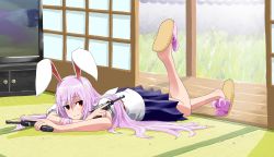 Rule 34 | 1girl, animal ears, buncha to imon, rabbit ears, dual wielding, female focus, gun, handgun, highres, holding, long hair, lying, on stomach, pink hair, pistol, purple hair, red eyes, reisen udongein inaba, slippers, solo, touhou, trigger discipline, walther, weapon