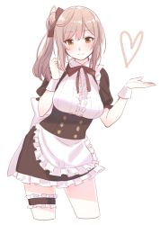 Rule 34 | 1girl, blouse, breasts, brown hair, brown ribbon, closed mouth, cropped legs, frilled shirt, frills, hair between eyes, hair ribbon, hand up, heart, light smile, long hair, looking at viewer, medium breasts, original, puffy short sleeves, puffy sleeves, ribbon, ryuusei (ryuuseiseikou), shirt, short sleeves, side ponytail, sidelocks, simple background, skirt, smile, solo, suspender skirt, suspenders, swept bangs, waitress, white background, white shirt, wrist cuffs, yagi (ningen), yellow eyes