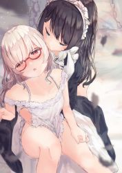 Rule 34 | 2girls, absurdres, apron, benevole, black hair, blurry, blurry background, blush, clothes lift, dress, dress lift, frilled dress, frills, glasses, green eyes, groping, half-closed eyes, highres, kissing ear, light brown hair, lingerie, long hair, looking at viewer, maid, maid apron, maid headdress, multiple girls, negligee, no panties, off-shoulder dress, off shoulder, open mouth, original, red-framed eyewear, red eyes, thighs, underwear, white dress, yuri