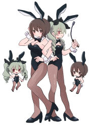 Rule 34 | 2girls, anchovy (girls und panzer), animal ears, ass-to-ass, black bow, black bowtie, black footwear, black leotard, blush, bow, bowtie, breasts, brown eyes, brown hair, cleavage, closed mouth, drill hair, fake animal ears, fishnet pantyhose, fishnets, girls und panzer, green hair, hair bow, hairband, hand on own hip, high heels, highres, holding riding crop, large breasts, leotard, locked arms, long hair, multiple girls, nishizumi maho, pantyhose, playboy bunny, rabbit ears, ri (qrcode), short hair, simple background, smile, twin drills, white background, wrist cuffs