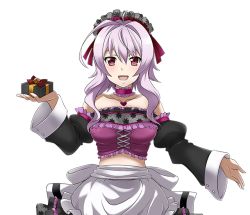 Rule 34 | 1girl, :d, apron, bow, box, breasts, choker, cleavage, collarbone, detached sleeves, gift, gift box, hair bow, hair ribbon, headdress, heart, heart necklace, holding, holding box, large breasts, long hair, looking at viewer, midriff, necklace, open mouth, purple hair, red eyes, red ribbon, ribbon, smile, solo, strea (sao), sword art online, transparent background, upper body, white apron