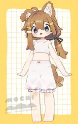Rule 34 | 1girl, :o, ahoge, animal ear fluff, animal ears, bloomers, blue eyes, brown hair, dog boy, dog ears, dog tail, female focus, full body, hair between eyes, hair ornament, hairclip, highres, looking at viewer, low ponytail, mukumi, open mouth, original, side ponytail, solo, standing, tail, tareme, underwear, watermark