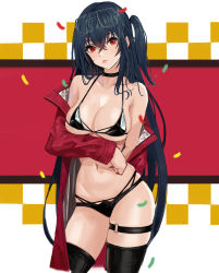 Rule 34 | 1girl, absurdres, arm under breasts, azur lane, bare shoulders, bikini, black-framed eyewear, black bikini, black choker, black hair, black thighhighs, breasts, choker, cleavage, collarbone, confetti, contrapposto, cowboy shot, eyewear on head, glasses, hair between eyes, highres, jacket, jonbur man, large breasts, long hair, long sleeves, micro bikini, multicolored background, navel, off shoulder, official alternate costume, one side up, open clothes, open jacket, parted lips, race queen, red eyes, red jacket, red lips, skindentation, smile, solo, stomach, swimsuit, taihou (azur lane), taihou (enraptured companion) (azur lane), thigh strap, thighhighs, very long hair