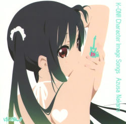 Rule 34 | 1girl, album cover, arm up, back, bare shoulders, black hair, bodypaint, character single, cover, heart, highres, horiguchi yukiko, k-on!, looking back, nakano azusa, official art, red eyes, scan, simple background, solo, tattoo, twintails