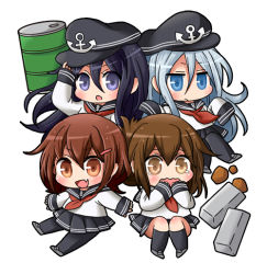 Rule 34 | 10s, 4girls, akatsuki (kancolle), bauxite, black eyes, black hair, blue eyes, blue hair, brown eyes, brown hair, chibi, covering own mouth, fang, folded ponytail, hair ornament, hairclip, half updo, hat, hibiki (kancolle), ikazuchi (kancolle), inazuma (kancolle), kantai collection, looking at viewer, multiple girls, open mouth, pantyhose, pleated skirt, school uniform, serafuku, sirosori, skirt, sleeves past wrists, tears, wavy mouth