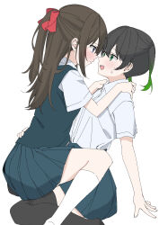 Rule 34 | 2girls, absurdres, arm support, black hair, black skirt, black thighhighs, black vest, blush, bow, brown hair, closed mouth, collared shirt, eye contact, green eyes, green hair, hair between eyes, hair bow, half updo, hand on another&#039;s hip, hand on another&#039;s shoulder, highres, kawai ritsu (rits meg), long hair, looking at another, love live!, love live! nijigasaki high school idol club, multicolored hair, multiple girls, nijigasaki school uniform, open mouth, osaka shizuku, pleated skirt, ponytail, red bow, school uniform, shirt, short sleeves, sidelocks, simple background, sitting, sitting on person, skirt, socks, streaked hair, summer uniform, takasaki yu, thighhighs, twintails, two-tone hair, vest, white background, white shirt, white socks, yuri