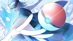Rule 34 | 1boy, blue hair, bright pupils, brycen (pokemon), closed mouth, coat, commentary request, creatures (company), eye mask, frown, game freak, highres, light blue hair, long hair, male focus, nintendo, outstretched arms, poke ball, poke ball (basic), pokemon, pokemon bw, single bare arm, single sleeve, solo, spread fingers, wafu pkmn