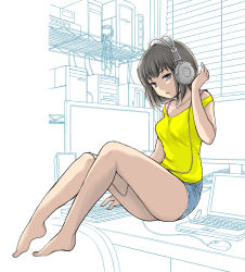 Rule 34 | 1girl, bare legs, barefoot, black hair, window blinds, blue eyes, computer, headphones, jewelry, keyboard (computer), laptop, monitor, mouse (computer), necklace, original, partially colored, shelf, short hair, short shorts, shorts, solo, tank top, ubizo