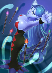 Rule 34 | 1girl, armpits, black dress, blue eyes, blue hair, blue skin, breasts, cleavage, colored skin, dark blue hair, dragon quest, dragon quest viii, dress, kikopoko11, large breasts, looking at viewer, open mouth, pencil dress, pointy ears, red dress, sleeveless, sleeveless dress, solo, strapless, strapless dress, tight clothes, tight dress, two-tone dress, wand, witch lady (dq8)