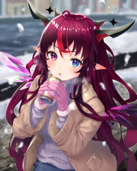 Rule 34 | 1girl, alternate costume, asymmetrical wings, blue eyes, blush, brown coat, can, coat, commentary, crystal wings, gloves, grey sweater, heterochromia, highres, holding, holding can, hololive, hololive english, horns, irys (hololive), long hair, long sleeves, looking at viewer, mismatched wings, multicolored hair, multiple horns, open mouth, outdoors, pensuke, pink eyes, pink gloves, pointy ears, red hair, snow, snowing, solo, streaked hair, surprised, sweater, turtleneck, turtleneck sweater, very long hair, virtual youtuber, wings, winter