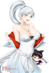 Rule 34 | 2girls, alternate costume, animal ears, april fools, bare shoulders, black hair, blake belladonna, blue eyes, blush, bow, breasts, cat ears, cleavage, collarbone, dress, english text, hair bow, highres, jewelry, kimmy77, large breasts, long hair, looking at viewer, multiple girls, necklace, open mouth, patreon logo, pendant, ponytail, rwby, simple background, swimsuit, watermark, web address, weiss schnee, white background, white dress, white hair, yellow eyes