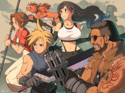 Rule 34 | 2girls, 3boys, absurdres, aerith gainsborough, arm cannon, arm tattoo, barret wallace, beard, biceps, black hair, blonde hair, buster sword, clenched teeth, cloud strife, cropped jacket, dark-skinned male, dark skin, dog tags, dress, elbow gloves, facial hair, final fantasy, final fantasy vii, final fantasy vii remake, fingerless gloves, gatling gun, gloves, highres, jacket, multiple boys, multiple girls, red hair, red jacket, red xiii, serious, sho.t, staff, stomach, sunglasses, suspenders, sword, tank top, tattoo, teeth, tifa lockhart, torn clothes, torn sleeves, weapon