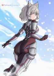 Rule 34 | 1girl, animal ears, armor, ass, blush, bodysuit, breasts, cat ears, chascoby, from behind, frown, gloves, grey hair, highres, looking at viewer, looking back, m (xenoblade), medium breasts, medium hair, mio (xenoblade), red bodysuit, sideboob, solo, xenoblade chronicles (series), xenoblade chronicles 3, yellow eyes