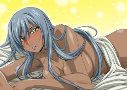 Rule 34 | 00s, 1girl, blush, breasts, code geass, completely nude, dark-skinned female, dark skin, huge breasts, isse, large breasts, long hair, lying, nude, on stomach, parted lips, purple lips, silver hair, solo, villetta nu, yellow background, yellow eyes