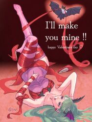Rule 34 | 1girl, animalization, areola slip, arm ribbon, artist name, bat (animal), bow, breasts, demitri maximoff, earrings, english text, genmai vamp, green eyes, green hair, happy valentine, head wings, heart, heart earrings, jewelry, long hair, medium breasts, morrigan aensland, pantyhose, pink pantyhose, red bow, red footwear, red ribbon, ribbon, smile, solo, valentine, vampire (game), wings