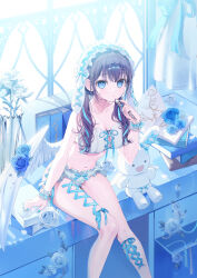 Rule 34 | 1girl, a20 (atsumaru), aqua nails, aqua ribbon, arm support, blue eyes, book, book stack, bra, breasts, brown hair, cleavage, collarbone, desk, flower, glint, hair ribbon, headdress, highres, holding, indoors, jewelry, leaning forward, long hair, medium breasts, midriff, navel, necklace, original, panties, pearl necklace, petals, ribbon, rose, sitting, solo, stuffed animal, stuffed rabbit, stuffed toy, underwear, underwear only, vase, white bra, white flower, white headdress, white panties, white rose, white wings, window, wings