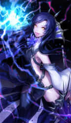 Rule 34 | 1girl, armpit crease, bad id, bad pixiv id, black background, black thighhighs, broken, broken chain, chain, danhu, detached sleeves, electricity, highres, holding, holding weapon, long hair, lower teeth only, open mouth, original, purple hair, purple neckwear, smile, solo, standing, teeth, thighhighs, tongue, weapon, yellow eyes