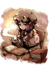 Rule 34 | 1girl, blush, book, bookmark, bow, capelet, crescent, cup, female focus, hair bow, hat, hounori, ink, long hair, patchouli knowledge, pen, purple eyes, purple hair, smile, solo, steam, touhou