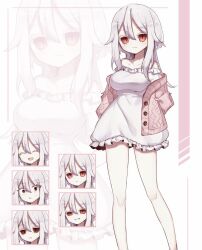 Rule 34 | 1girl, arms behind back, bare legs, bare shoulders, breasts, buttons, cardigan, closed eyes, closed mouth, collarbone, colored eyelashes, commentary, dress, expressions, frills, full body, grey hair, grin, hair between eyes, highres, kotorineko, large breasts, long hair, looking at viewer, open cardigan, open clothes, open mouth, original, red eyes, short dress, short hair with long locks, smile, solo, standing, surprised, white dress, zoom layer