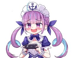 Rule 34 | 1girl, anchor symbol, blush, bow, braid, colored inner hair, commentary request, controller, french braid, hair ribbon, highres, holding, holding controller, hololive, maid headdress, minato aqua, minato aqua (1st costume), multicolored hair, open mouth, purple eyes, purple hair, ribbon, short sleeves, simple background, tearing up, twintails, two-tone hair, upper body, virtual youtuber, white background, wrist cuffs, yandama