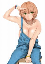 Rule 34 | 1girl, bad id, bad pixiv id, between legs, blonde hair, bracelet, breasts, cleavage, collarbone, green eyes, hand between legs, highres, huge breasts, jewelry, justin (sera tony), looking at viewer, naked overalls, no bra, overalls, salute, short hair, sitting, smile, solo, strap slip, white background