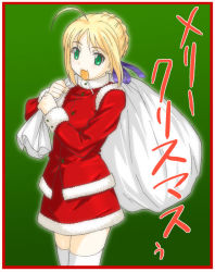 Rule 34 | 00s, 1girl, :o, ahoge, alternate costume, artoria pendragon (all), artoria pendragon (fate), blonde hair, christmas, fate/stay night, fate (series), green background, green eyes, long sleeves, looking at viewer, open mouth, potato house, saber (fate), sack, santa costume, short hair, simple background, solo, standing, thighhighs, white thighhighs, zettai ryouiki