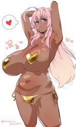 ahoge armpits arms_behind_head bikini blush breasts cleavage dark-skinned_female dark_skin gold_pasties heart heart_pasties highres huge_breasts long_hair looking_at_viewer momoiro_tunozemi navel original pasties pink_hair side-tie_bikini_bottom simple_background spoken_heart swimsuit tan translated twitter_username wavy_hair white_background