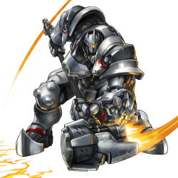 Rule 34 | 1boy, armor, boots, chest armor, covered face, fighting stance, gauntlets, hammer, helmet, leg armor, male focus, overwatch, reinhardt (overwatch), shoulder armor, simple background, solo, swing, tonysaurus, weapon, white background