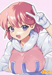 Rule 34 | 1girl, :d, blue eyes, breasts, gloves, highres, large breasts, looking at viewer, murata tefu, open mouth, pastel (twinbee), pink hair, short hair, simple background, smile, solo, twinbee, v, white gloves