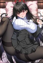 Rule 34 | 1girl, ass, black hair, black pantyhose, black suit, blue archive, blush, breasts, formal, hair ornament, hairclip, halo, highres, large breasts, long hair, pantyhose, pleated skirt, red eyes, ribbed sweater, rio (blue archive), shirokuma a, skirt, solo, spread legs, suit, sweater, turtleneck, turtleneck sweater