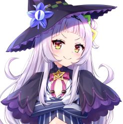 &gt;:), 1girl, bangs, black capelet, black headwear, blunt bangs, bow, bowtie, capelet, closed mouth, cropped shirt, crossed arms, eyelashes, flat chest, grey shirt, hair ornament, hairband, hat, hexagram hair ornament, hololive, light blush, long hair, long sleeves, looking at viewer, murasaki shion, pink neckwear, pinstripe pattern, purple capelet, shirt, shishou (doragyurosu), short eyebrows, side bun, sidelocks, silver hair, simple background, smile, solo, striped, tilted headwear, v-shaped eyebrows, virtual youtuber, white background, witch hat, yellow eyes