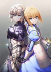 Rule 34 | 2girls, ahoge, armor, armored dress, artoria pendragon (all), artoria pendragon (fate), back-to-back, blue dress, blue eyes, blue hair, chromatic aberration, dress, excalibur (fate/stay night), fate (series), gauntlets, green eyes, grey background, highres, holding, holding sword, holding weapon, jeanne d&#039;arc (fate), jeanne d&#039;arc (ruler) (fate), long hair, looking at viewer, multiple girls, saber (fate), sheath, sheathed, short hair with long locks, sidelocks, silver hair, smile, sword, takatou suzunosuke, weapon