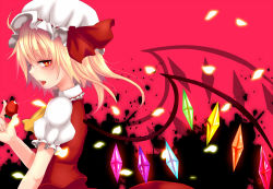 Rule 34 | 1girl, ahoge, ascot, blonde hair, blush, female focus, flandre scarlet, food, fruit, fua yuu, hat, hat ribbon, open mouth, profile, red background, red eyes, ribbon, saliva, saliva trail, short hair, side ponytail, solo, strawberry, touhou, wings