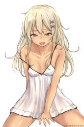 Rule 34 | 1girl, alternate costume, bare shoulders, blonde hair, blush, bow, breasts, dress, grecale (kancolle), green eyes, hair between eyes, hair bow, hair ornament, hair ribbon, highres, kantai collection, long hair, looking at viewer, open mouth, ribbon, short dress, simple background, sleeveless, sleeveless dress, small breasts, smile, solo, timato, tongue, tongue out, white background, white dress