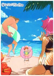 Rule 34 | 1boy, 2girls, bartholomew kuma, bikini, blue shorts, blue sky, child, cloud, commentary request, curly hair, family, floral print, flower, ginny (one piece), hibiscus, highres, innertube, jewelry bonney, long hair, multiple girls, ocean, one piece, palm tree, pink hair, profile, shorts, size difference, sky, swim ring, swimsuit, thumbs up, tree, twitter username, ususmomo, waving, yellow swimsuit