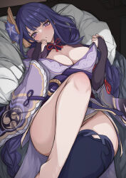 Rule 34 | 1girl, blush, braid, breasts, bridal gauntlets, cleavage, commentary request, feet out of frame, flower, genshin impact, hair ornament, japanese clothes, kimono, large breasts, leg up, long hair, long sleeves, looking at viewer, low-braided long hair, low-tied long hair, lying, mashicono, mole, mole under eye, obi, obiage, obijime, purple eyes, purple flower, purple hair, purple kimono, purple thighhighs, raiden shogun, sash, single thighhigh, solo, thighhighs, thighs, very long hair