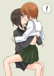 Rule 34 | !, 2girls, black skirt, blush, brown eyes, brown hair, closed eyes, closed mouth, comic, commentary, cowboy shot, dress shirt, girls und panzer, grey background, grey shirt, hands on another&#039;s back, hug, imminent kiss, incest, insignia, invisible chair, kuromorimine school uniform, long sleeves, looking at another, miniskirt, motion lines, multiple girls, mutsu (layergreen), nishizumi maho, nishizumi miho, on lap, pleated skirt, school uniform, shirt, short hair, siblings, silent comic, simple background, sisters, sitting, skirt, smile, spoken exclamation mark, straddling, yuri