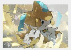 Rule 34 | black eyes, blurry, border, closed mouth, commentary request, creatures (company), full body, game freak, gen 3 pokemon, green ribbon, highres, jirachi, kanami (bprod), legendary pokemon, mythical pokemon, nintendo, no humans, outside border, outstretched arms, pokemon, pokemon (creature), rain, ribbon, signature, solo, water drop, white border
