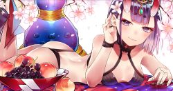 Rule 34 | 1girl, adjusting hair, alcohol, ass, bad id, bad pixiv id, bare back, bare legs, blunt bangs, blush, bow, bracelet, breasts, cherry blossoms, closed mouth, collar, collarbone, cup, eyeshadow, fate/grand order, fate (series), flower, food, foreshortening, fruit, gourd, gours, grapes, hair flower, hair ornament, hand up, headpiece, highres, holding, holding bow (ornament), horns, ichinosenen, jewelry, legs up, looking at viewer, lying, makeup, on stomach, peach, petals, purple eyes, purple hair, revealing clothes, ring, sakazuki, sake, short hair, shuten douji (fate), skin-covered horns, small breasts, smile, the pose, tsurime