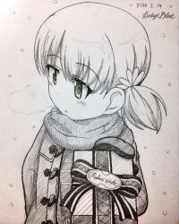 Rule 34 | 1girl, absurdres, aki (girls und panzer), artist name, averting eyes, blush, breath, closed mouth, coat, commentary, dated, finnish text, fringe trim, gift, girls und panzer, giving, gloves, graphite (medium), green eyes, highres, holding, holding gift, lichyiblue, light frown, long sleeves, low twintails, monochrome, scan, scarf, short hair, short twintails, signature, snowing, solo, spot color, striped clothes, striped scarf, toggles, traditional media, translation request, twintails, upper body, valentine, winter clothes