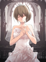 Rule 34 | 10s, 1girl, blush, breasts, brown hair, closed eyes, dress, happy tears, highres, jewelry, kaga (kancolle), kantai collection, large breasts, md5 mismatch, nanaku teiru, ring, short hair, side ponytail, smile, solo, tears, veil, wedding band, wedding dress, wedding ring