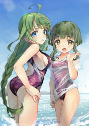 Rule 34 | 2girls, absurdres, ass, beach, blue eyes, bob cut, braid, breasts, brown eyes, competition swimsuit, day, green hair, highleg, highleg swimsuit, highres, kantai collection, long hair, looking at viewer, medium breasts, mole, mole under mouth, multiple girls, ocean, one-piece swimsuit, purple one-piece swimsuit, short hair, short hair with long locks, single braid, small breasts, swimsuit, takanami (kancolle), very long hair, water, wavy hair, yashin (yasinz), yuugumo (kancolle)