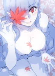 Rule 34 | 1girl, autumn leaves, bare shoulders, barefoot, blue hair, blue theme, blush, breasts, cleavage, closed mouth, collarbone, covered erect nipples, from above, holding, holding leaf, large breasts, leaf, long hair, looking at viewer, maple leaf, mole, mole on breast, no bra, original, red eyes, sasaoka gungu, sitting, sketch, solo, thighs, unfinished, wariza