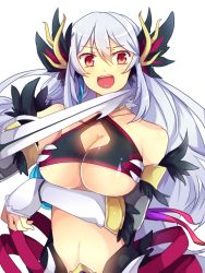 Rule 34 | &gt;:d, 1girl, :d, bare shoulders, blush, breast hold, breasts, cleavage, cleavage cutout, clothing cutout, detached sleeves, hair between eyes, head wings, holding, holding sword, holding weapon, horns, large breasts, long hair, looking at viewer, matryoshka (borscht), midriff, navel, open mouth, red eyes, revealing clothes, road to dragons, sidelocks, silver hair, smile, solo, stomach, sword, underboob, upper body, v-shaped eyebrows, very long hair, weapon, wings