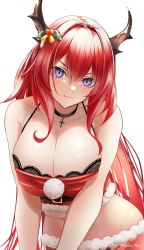 Rule 34 | 1girl, alternate costume, arknights, bare arms, bare shoulders, black choker, breasts, camisole, choker, cleavage, commentary request, crop top, cross, cross choker, hair between eyes, highres, horns, large breasts, long hair, looking at viewer, midriff, pom pom (clothes), purple eyes, red hair, simple background, smile, solo, spaghetti strap, surtr (arknights), upper body, white background, yokaze (yokajie)