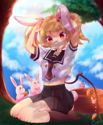 Rule 34 | 1girl, :3, :t, alternate costume, alternate hairstyle, animal ears, arms up, black sailor collar, black skirt, blonde hair, blue sky, bow, brown socks, carrot, cloud, commentary request, dappled sunlight, day, eyes visible through hair, flandre scarlet, full body, grass, hair between eyes, hair bow, hands on own head, head tilt, highres, kemonomimi mode, kneehighs, looking at viewer, midriff, necktie, no shoes, on grass, on ground, outdoors, pleated skirt, pout, rabbit, rabbit ears, rabbit tail, red eyes, red necktie, sailor collar, school uniform, serafuku, short sleeves, signature, sitting, skirt, sky, sleeve cuffs, socks, solo, sunlight, tail, touhou, tree, tree stump, twintails, under tree, wariza, wings, yuineko