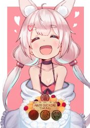 Rule 34 | 1girl, ahoge, animal ear fluff, animal ears, birthday cake, breasts, cake, camisole, choker, cleavage, closed eyes, food, hair ornament, hairclip, happy birthday, heart, jacket, long hair, low twintails, off shoulder, open mouth, pink background, pink hair, rabbit ears, red camisole, simple background, siragagaga, small breasts, smile, solo, tomari mari, tomari mari channel, twintails, upper body, virtual youtuber, white jacket