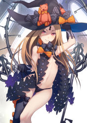 Rule 34 | 1girl, abigail williams (fate), arm up, armpits, bad id, bad pixiv id, bare shoulders, black bow, black gloves, black hat, black panties, black ribbon, black thighhighs, blonde hair, blush, bow, closed mouth, elbow gloves, facial mark, fate/grand order, fate (series), flat chest, forehead mark, gloves, hand on headwear, hat, hat bow, key, kyoeiki, long hair, looking at viewer, navel, orange bow, panties, parted bangs, polka dot, polka dot bow, red eyes, revealing clothes, ribbon, side-tie panties, single thighhigh, smile, solo, stomach, stuffed animal, stuffed toy, teddy bear, thighhighs, underwear, untying, very long hair, witch hat